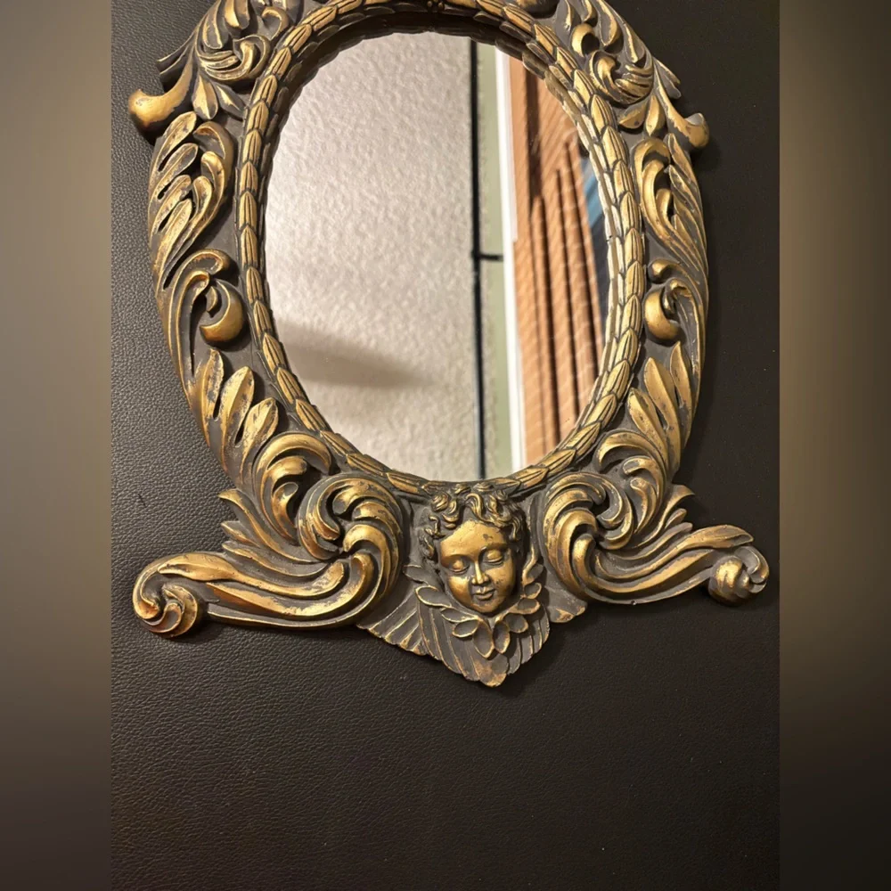 3D CHERUB ANGELS OVAL PLASTER WALL MIRROR HOLLYWOOD REGENCY GOLD